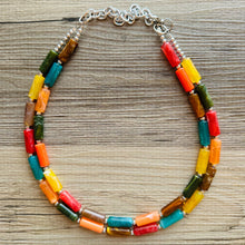 Load image into Gallery viewer, Autumn Leaves Statement Necklace, Red Yellow Orange emerald, double Strand Statement Necklace, fall colors, chunky autumn necklace, beaded