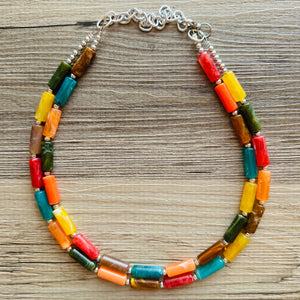 Autumn Leaves Statement Necklace, Red Yellow Orange emerald, double Strand Statement Necklace, fall colors, chunky autumn necklace, beaded