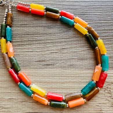 Autumn Leaves Statement Necklace, Red Yellow Orange emerald, double Strand Statement Necklace, fall colors, chunky autumn necklace, beaded