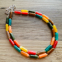Load image into Gallery viewer, Autumn Leaves Statement Necklace, Red Yellow Orange emerald, double Strand Statement Necklace, fall colors, chunky autumn necklace, beaded