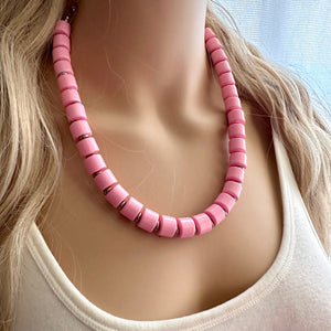 Blushing Beauty Statement Necklace, Blush Pink Single Strand Chunky Beaded Necklace, Baby Pink Jewelry silver gunmetal Necklace set earrings