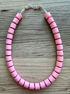 Blushing Beauty Statement Necklace, Blush Pink Single Strand Chunky Beaded Necklace, Baby Pink Jewelry silver gunmetal Necklace set earrings