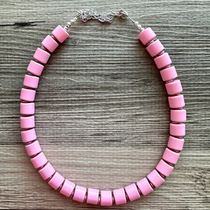 Blushing Beauty Statement Necklace, Blush Pink Single Strand Chunky Beaded Necklace, Baby Pink Jewelry silver gunmetal Necklace set earrings