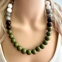 Load image into Gallery viewer, Ombré White Green Single Layer Statement Necklace, Chunky Green jewel tones Jewelry, wood beaded thick bib necklace gray olive gray