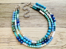 Load image into Gallery viewer, Tributaries Statement Necklace, chunky bib beaded jewelry, Turquoise blue aqua necklace, beaded glass jewelry navy blue teal chambray