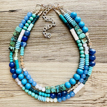Load image into Gallery viewer, Tributaries Statement Necklace, chunky bib beaded jewelry, Turquoise blue aqua necklace, beaded glass jewelry navy blue teal chambray