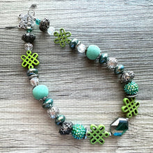 Load image into Gallery viewer, Green Sparkle Jewel Statement Necklace, Chunky 1 Strand Jewelry, clear resin vintage layering bib beaded thin collar rhinestone glass