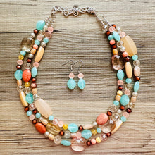 Load image into Gallery viewer, Peach Mint Coral Chunky Statement Necklace, Triple Strand Beaded Jewelry, green peach coral jewelry, bridsmaid wedding, bib beaded jewelry