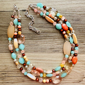 Peach Mint Coral Chunky Statement Necklace, Triple Strand Beaded Jewelry, green peach coral jewelry, bridsmaid wedding, bib beaded jewelry