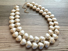 Load image into Gallery viewer, Paper Mache Heart Statement Necklace, Chunky double Strand Jewelry, Valentines Day jewelry, chunky cream bib beaded colorful off white gold