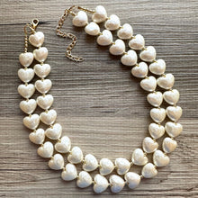 Load image into Gallery viewer, Paper Mache Heart Statement Necklace, Chunky double Strand Jewelry, Valentines Day jewelry, chunky cream bib beaded colorful off white gold