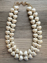 Load image into Gallery viewer, Paper Mache Heart Statement Necklace, Chunky double Strand Jewelry, Valentines Day jewelry, chunky cream bib beaded colorful off white gold