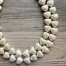 Load image into Gallery viewer, Paper Mache Heart Statement Necklace, Chunky double Strand Jewelry, Valentines Day jewelry, chunky cream bib beaded colorful off white gold