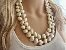 Load image into Gallery viewer, Paper Mache Heart Statement Necklace, Chunky double Strand Jewelry, Valentines Day jewelry, chunky cream bib beaded colorful off white gold