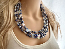 Load image into Gallery viewer, Midnight Kiss Necklace, silver &amp; Blue Statement Necklace, 4 strand chunky jewelry, dark blue navy gray periwinkle cadet sparkle glass