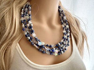 Midnight Kiss Necklace, silver & Blue Statement Necklace, 4 strand chunky jewelry, dark blue navy gray periwinkle cadet sparkle glass