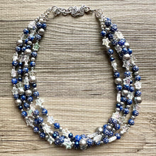 Load image into Gallery viewer, Midnight Kiss Necklace, silver &amp; Blue Statement Necklace, 4 strand chunky jewelry, dark blue navy gray periwinkle cadet sparkle glass