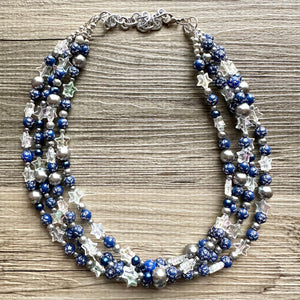 Midnight Kiss Necklace, silver & Blue Statement Necklace, 4 strand chunky jewelry, dark blue navy gray periwinkle cadet sparkle glass