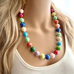 Colorful Gumball Rainbow Long Statement Necklace, Ball Beaded Jewelry, silver accent chunky single strand long jewelry