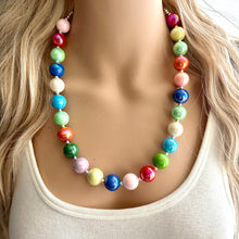 Load image into Gallery viewer, Colorful Gumball Rainbow Long Statement Necklace, Ball Beaded Jewelry, silver accent chunky single strand long jewelry