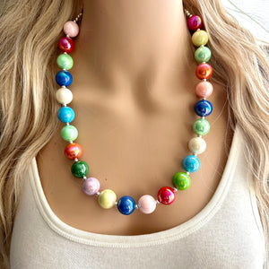 Colorful Gumball Rainbow Long Statement Necklace, Ball Beaded Jewelry, silver accent chunky single strand long jewelry