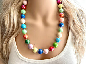 Colorful Gumball Rainbow Long Statement Necklace, Ball Beaded Jewelry, silver accent chunky single strand long jewelry