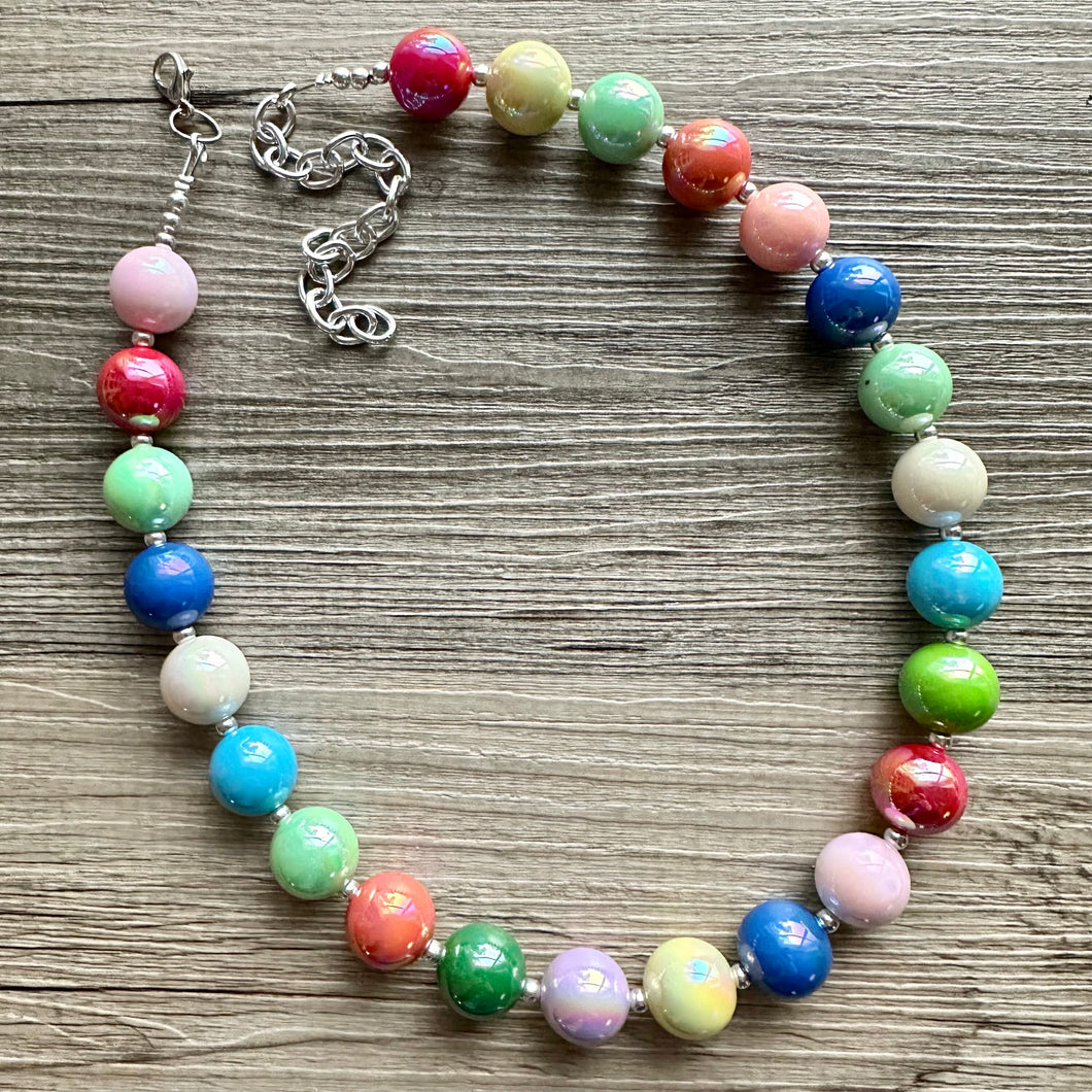 Colorful Gumball Rainbow Long Statement Necklace, Ball Beaded Jewelry, silver accent chunky single strand long jewelry