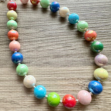 Load image into Gallery viewer, Colorful Gumball Rainbow Long Statement Necklace, Ball Beaded Jewelry, silver accent chunky single strand long jewelry