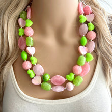 Load image into Gallery viewer, Pink &amp; Green Heart Necklace, multi strand colorful jewelry, chunky statement necklace, Saint Valentines Day February lime green