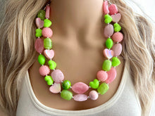 Load image into Gallery viewer, Pink &amp; Green Heart Necklace, multi strand colorful jewelry, chunky statement necklace, Saint Valentines Day February lime green