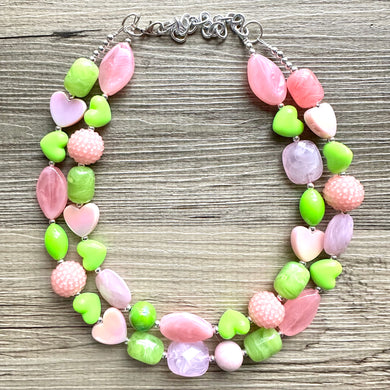 Pink & Green Heart Necklace, multi strand colorful jewelry, chunky statement necklace, Saint Valentines Day February lime green