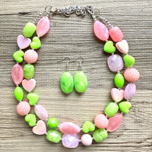 Load image into Gallery viewer, Pink &amp; Green Heart Necklace, multi strand colorful jewelry, chunky statement necklace, Saint Valentines Day February lime green