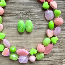 Load image into Gallery viewer, Pink &amp; Green Heart Necklace, multi strand colorful jewelry, chunky statement necklace, Saint Valentines Day February lime green