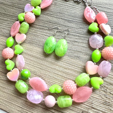 Load image into Gallery viewer, Pink &amp; Green Heart Necklace, multi strand colorful jewelry, chunky statement necklace, Saint Valentines Day February lime green