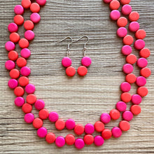 Load image into Gallery viewer, Red &amp; Pink Flutter Necklace, multi strand colorful jewelry, chunky statement necklace, hot pink necklace, Saint Valentines Day February