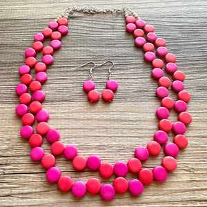Red & Pink Flutter Necklace, multi strand colorful jewelry, chunky statement necklace, hot pink necklace, Saint Valentines Day February