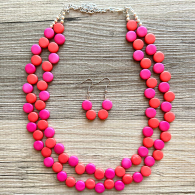 Red & Pink Flutter Necklace, multi strand colorful jewelry, chunky statement necklace, hot pink necklace, Saint Valentines Day February