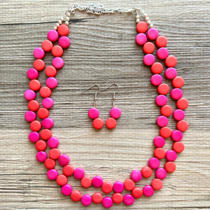 Red & Pink Flutter Necklace, multi strand colorful jewelry, chunky statement necklace, hot pink necklace, Saint Valentines Day February