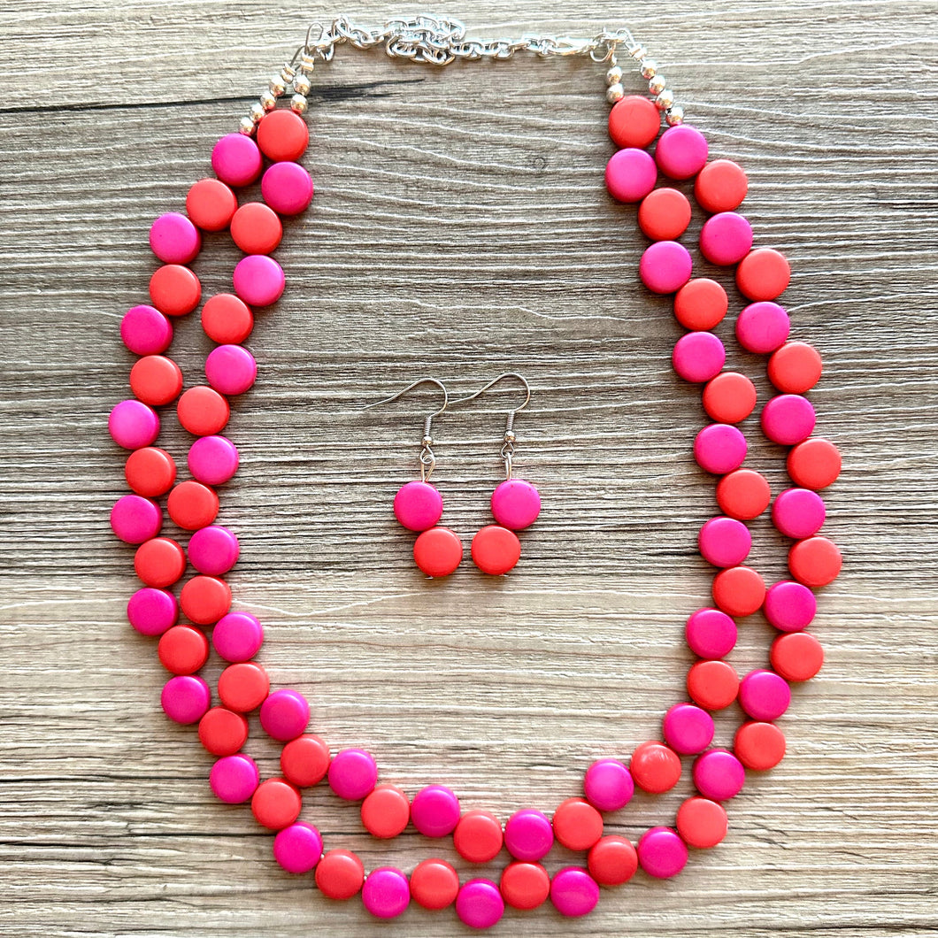 Red & Pink Flutter Necklace, multi strand colorful jewelry, chunky statement necklace, hot pink necklace, Saint Valentines Day February