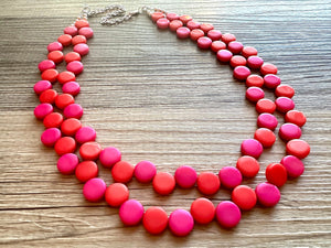 Red & Pink Flutter Necklace, multi strand colorful jewelry, chunky statement necklace, hot pink necklace, Saint Valentines Day February