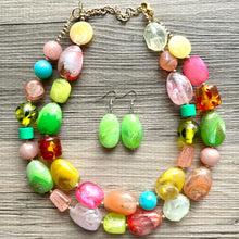 Load image into Gallery viewer, Tropical Paradise 2 Strand statement necklace, big beaded chunky jewelry, Fuchsia Lime Green Coral Bib Jewelry Set earrings set yellow