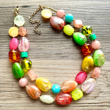 Load image into Gallery viewer, Tropical Paradise 2 Strand statement necklace, big beaded chunky jewelry, Fuchsia Lime Green Coral Bib Jewelry Set earrings set yellow