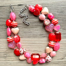 Load image into Gallery viewer, Bubble Heart Necklace, multi strand colorful jewelry, chunky statement necklace, cream red pink Saint Valentines Day February earrings set
