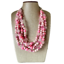 Load image into Gallery viewer, 5 Strand Pink Chunky Statement Necklace + earrings, blush pink beaded necklace, colorful jewelry light pink cream beaded earrings pearl