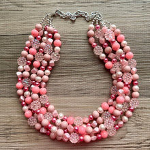 Load image into Gallery viewer, 5 Strand Pink Chunky Statement Necklace + earrings, blush pink beaded necklace, colorful jewelry light pink cream beaded earrings pearl