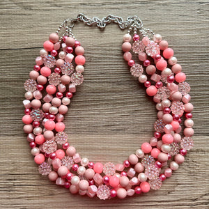 5 Strand Pink Chunky Statement Necklace + earrings, blush pink beaded necklace, colorful jewelry light pink cream beaded earrings pearl