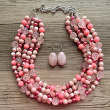 Load image into Gallery viewer, 5 Strand Pink Chunky Statement Necklace + earrings, blush pink beaded necklace, colorful jewelry light pink cream beaded earrings pearl