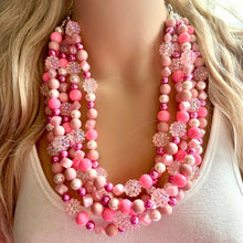 Load image into Gallery viewer, 5 Strand Pink Chunky Statement Necklace + earrings, blush pink beaded necklace, colorful jewelry light pink cream beaded earrings pearl