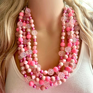 5 Strand Pink Chunky Statement Necklace + earrings, blush pink beaded necklace, colorful jewelry light pink cream beaded earrings pearl