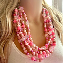 Load image into Gallery viewer, 5 Strand Pink Chunky Statement Necklace + earrings, blush pink beaded necklace, colorful jewelry light pink cream beaded earrings pearl